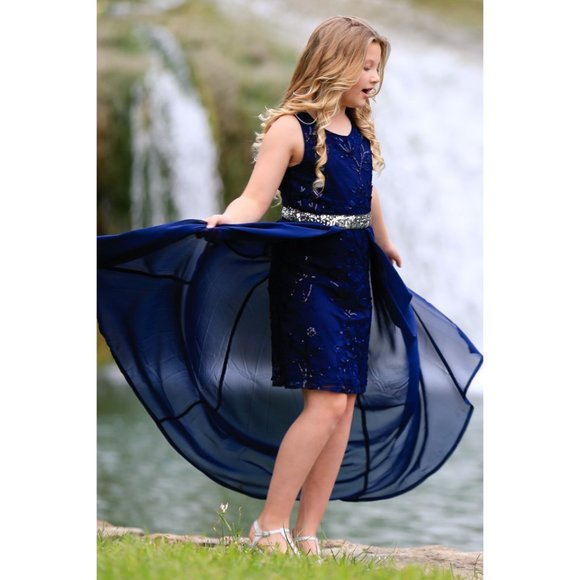 sz 14 16 Girls NEW Hannah Banana Navy Chiffon Overlay Tween Maxi Dress - Picture 1 of 3